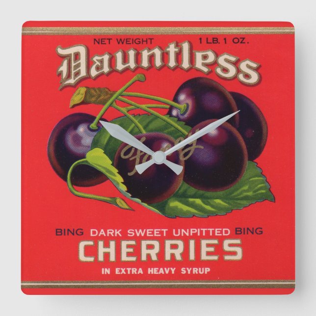 1930s Dauntless Cherries in Heavy Syrup can label Square Wall Clock (Front)