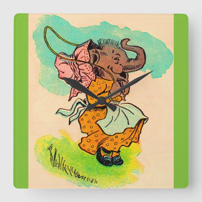 1930s dressed elephant playing jump rope square wall clock (Front)