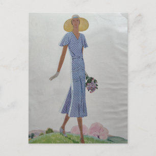 1930s Fashion Woman in Blue and White Dress  Postcard
