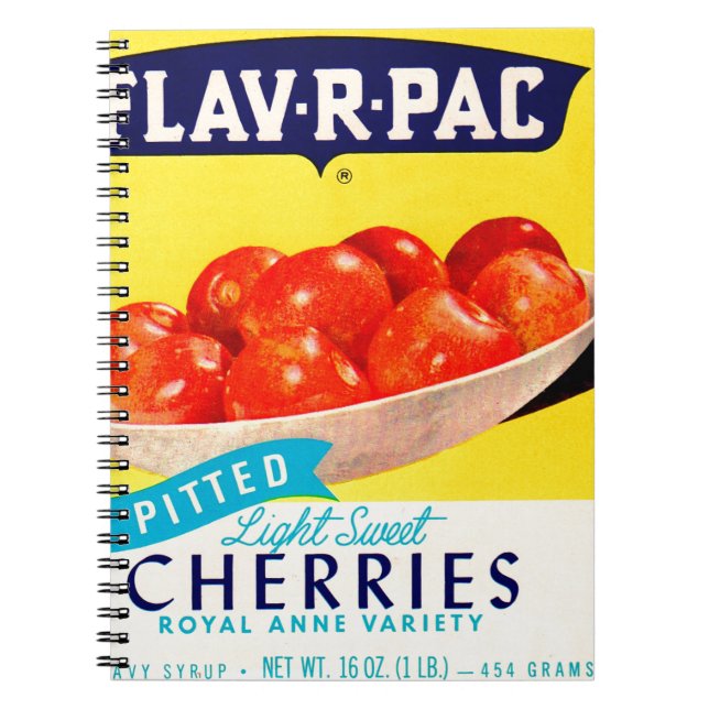 1930s Flav-R-Pac pitted cherries label Spiral Notebook (Front)