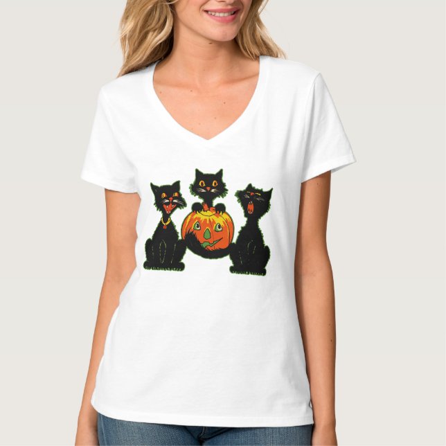 1930s Halloween Black Cats With Jack O'Lantern T-Shirt (Front)