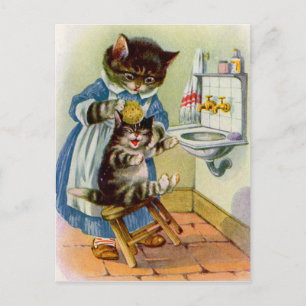 1930s kitty cat mama washes her kitten postcard