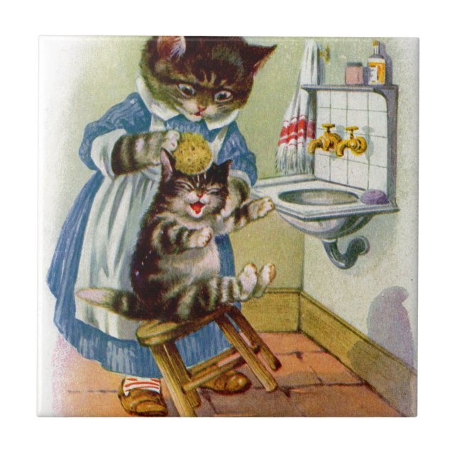1930s kitty cat mama washes her kitten tile (Front)