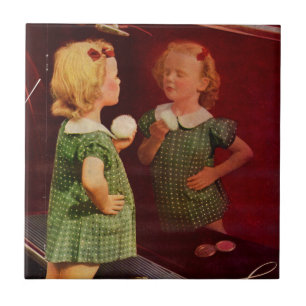 1930s little girl looking in the mirror tile