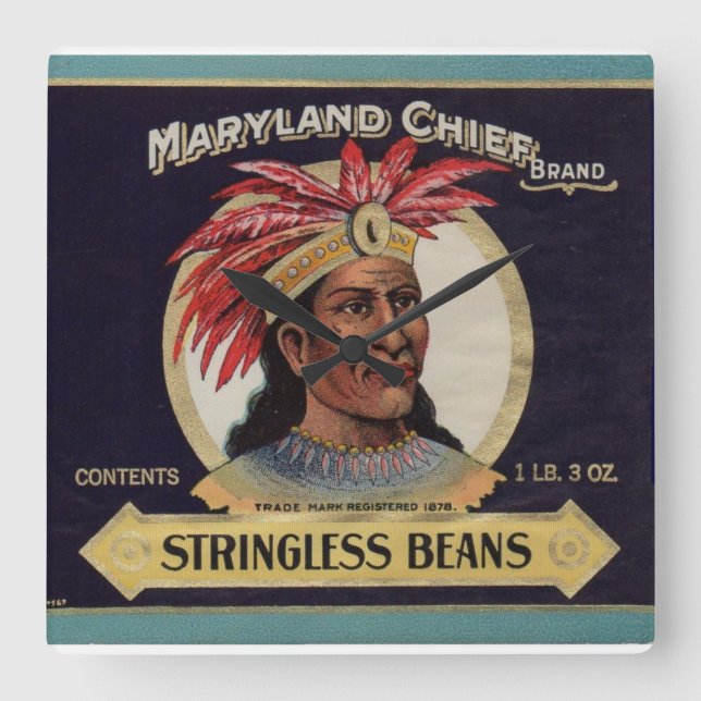 1930s Maryland Chief Stringless Beans label Square Wall Clock (Front)