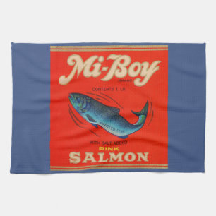 1930s Mi-Boy pink salmon can label Tea Towel