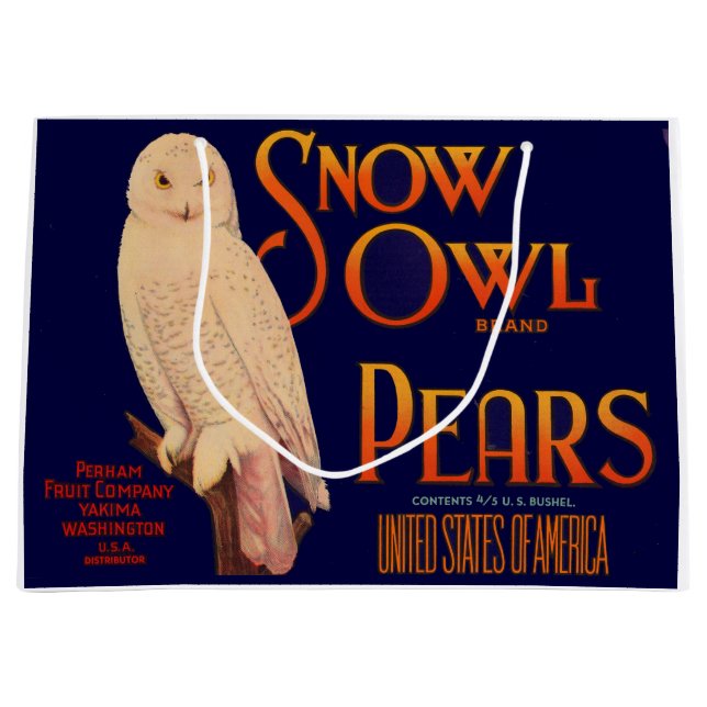1930s Snow Owl brand pears fruit crate label print Large Gift Bag (Front)