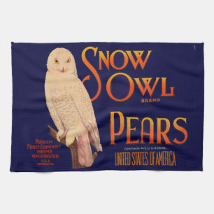 1930s Snow Owl brand pears fruit crate label print Tea Towel