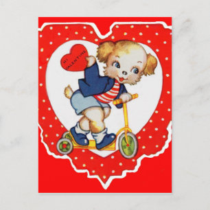 1930s Valentine puppy dog riding scooter Holiday Postcard