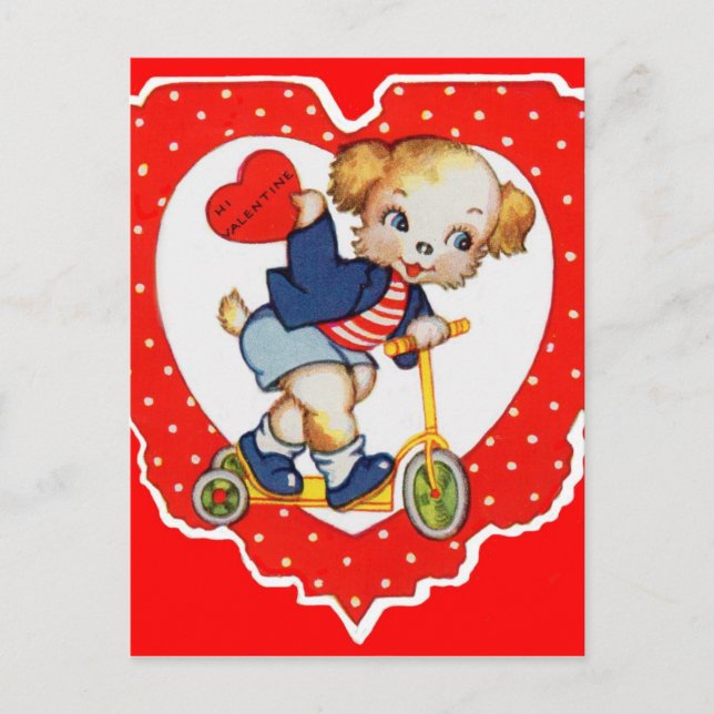 1930s Valentine puppy dog riding scooter Holiday Postcard (Front)