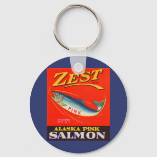 1930s Zest pink salmon can label Key Ring