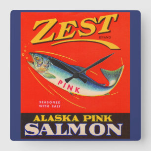 1930s Zest pink salmon can label Square Wall Clock