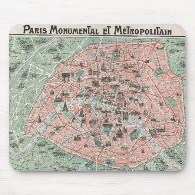 1932 Art Deco Map of Paris, France Mouse Pad (Front)