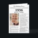 1936 Newspaper Birthday card 90th birthday<br><div class="desc">Say happy birthday to someone born in 1936 with this unique Newspaper style birthday card, including a photo of the recipient and a collection of fun facts and world news from the year of their birth. Designed to resemble a vintage newspaper in classic black and white style. A cute and...</div>