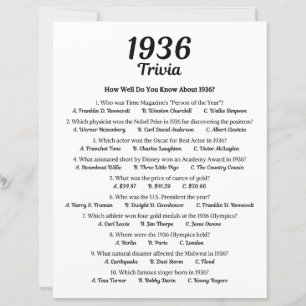 1936 Trivia Game   89th Birthday Party Game
