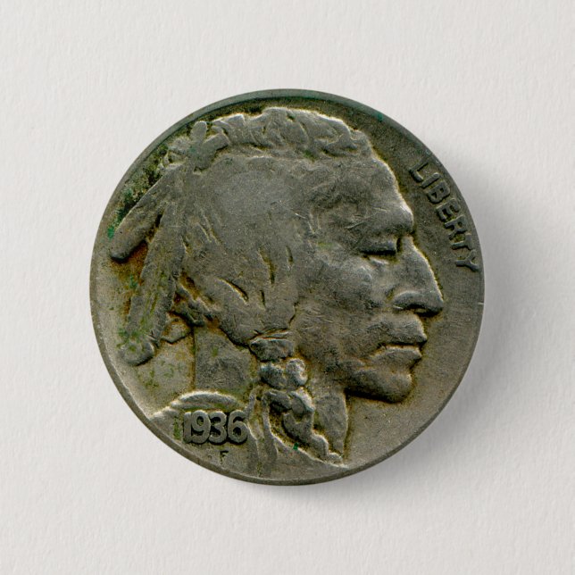 1936 US 'Buffalo' nickel heads button (Front)