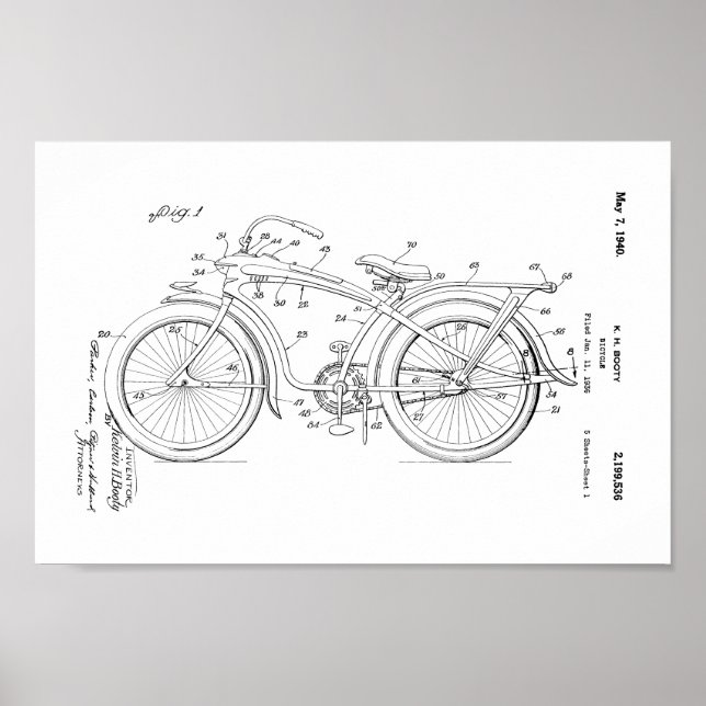 1936 Vintage Bicycle Patent Art Print (Front)