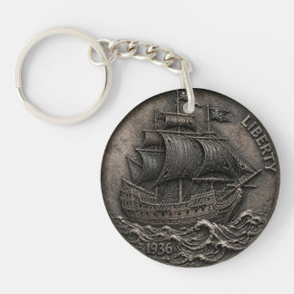 1936 Vintage Pirate Ship Hobo Nickel Coin Key Ring