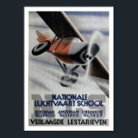 1937 Vintage Aviation Poster Art Deco<br><div class="desc">Stylised high-wing monoplane speeds throught the air,  looking as if it is buzzing the text block below. Orange,  grey,  blue and black ink on paper. Full Text: NATIONALE LUCHTVAART SCHOOL [offered for Rotterdam,  Amsterdam,  and Enschede] Verlaagde Lestarieven Wordt Lid Der Kon. Ver. Voor Luchtvaart Leert Zweef-Vliegen Reist Per K.L.M.</div>