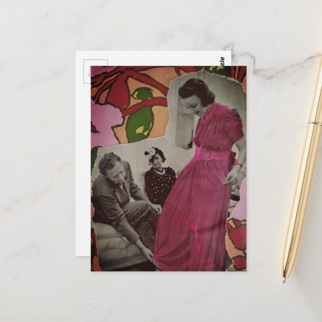 1939 Pink Pyjamas Lady Mixed Media Collage Postcard (Front/Back In Situ)