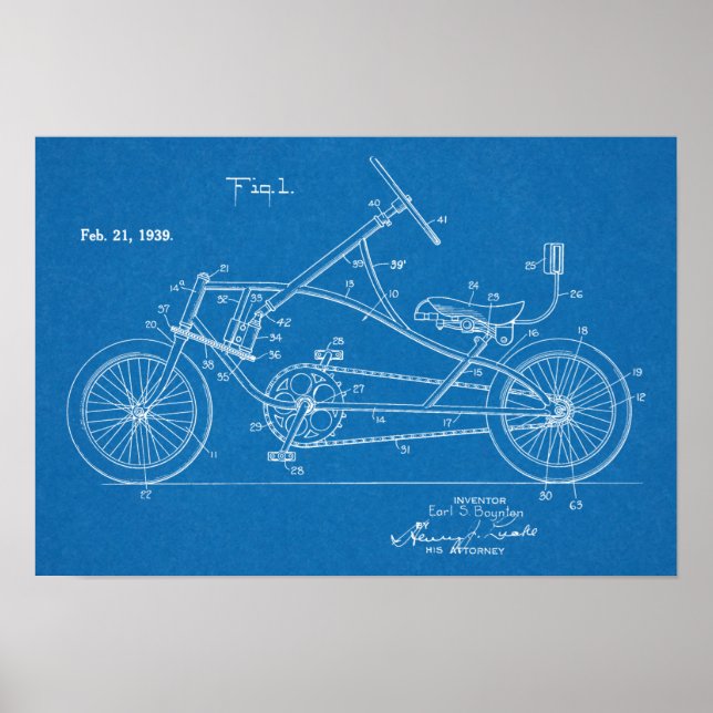 1939 Vintage Bicycle Patent Blueprint Art Print (Front)