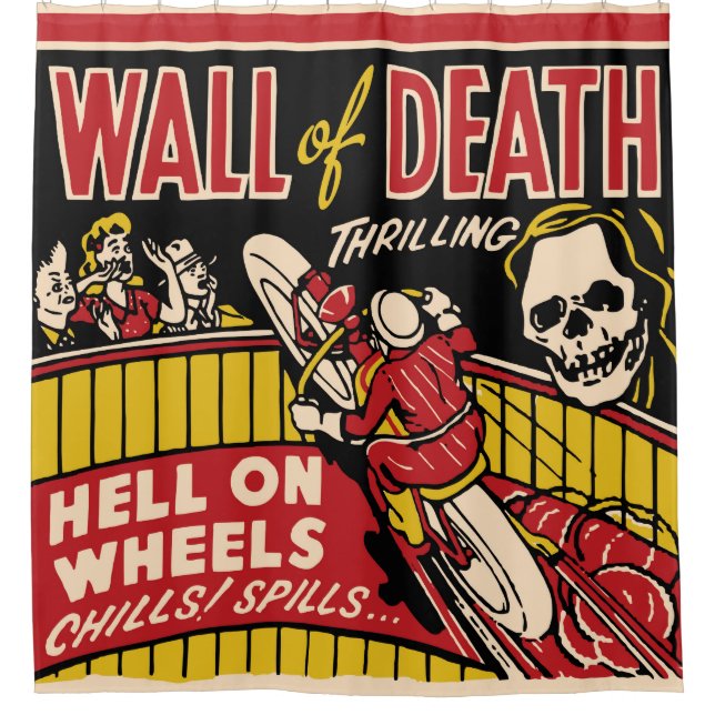 1940s-50s Wall Of Death Motorcycle Stunt Shower Curtain (Front)