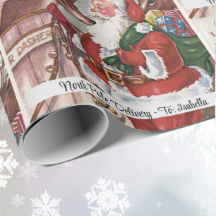 1940's Christmas Card Santa Personalise Child Name Wrapping Paper