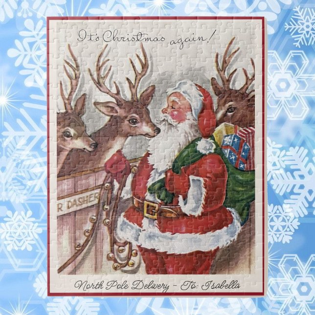 1940's Christmas Card Santa Personalise Name Jigsaw Puzzle (Creator Uploaded)
