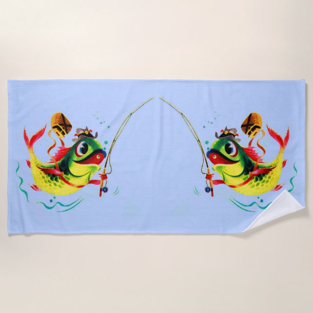 1940s fishing fish print beach towel (Front)