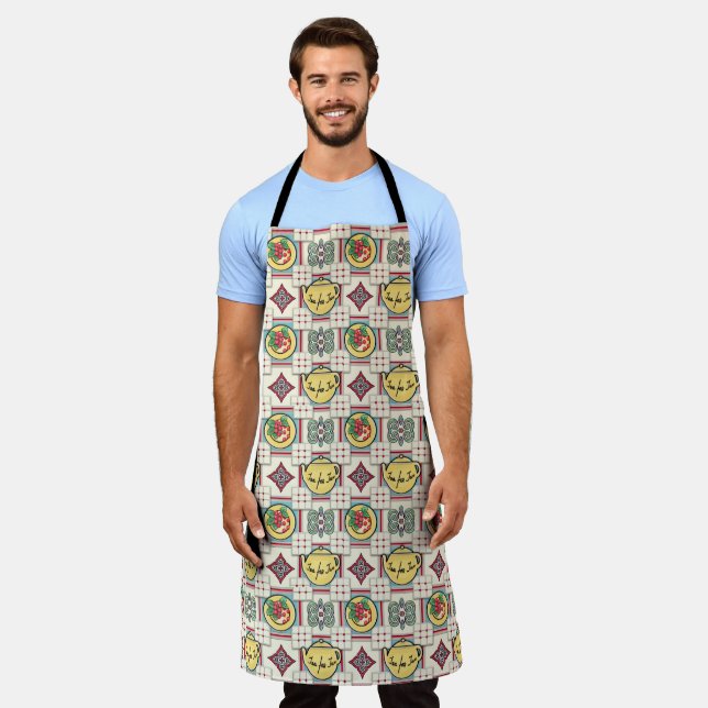 1940s Kitchen Pattern w/Yellow Teapots Apron (Worn)