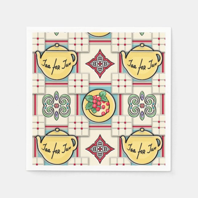 1940s Kitchen Pattern w/Yellow Teapots Napkin (Front)