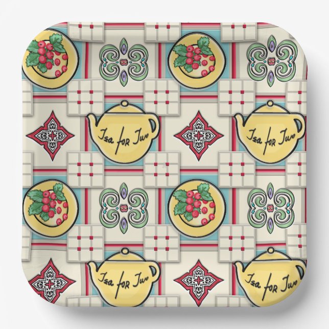 1940s Kitchen Pattern w/Yellow Teapots Paper Plate (Front)