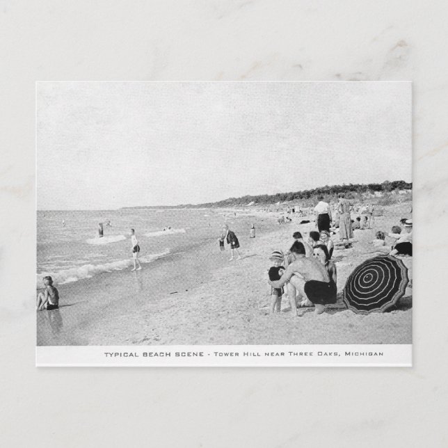 1940's Lake Michigan Beach Scene Postcard (Front)