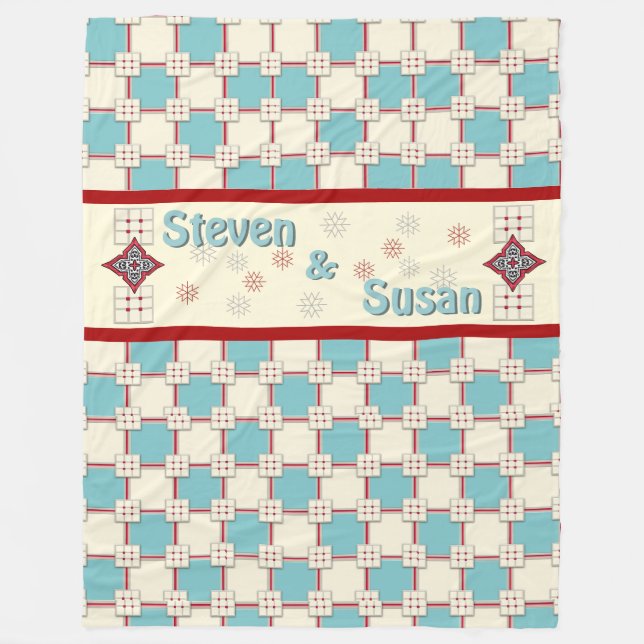 1940s Layered Tile_Aqua, Ivory, Red (Personalised) Fleece Blanket (Front)