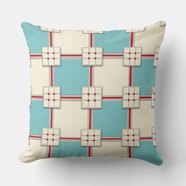 1940s Layered Tile Pattern (Aqua, Ivory and Red) Cushion (Front)