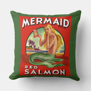 1940s Mermaid Salmon can label print Cushion