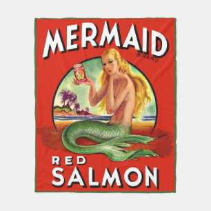 1940s Mermaid Salmon can label print Fleece Blanket