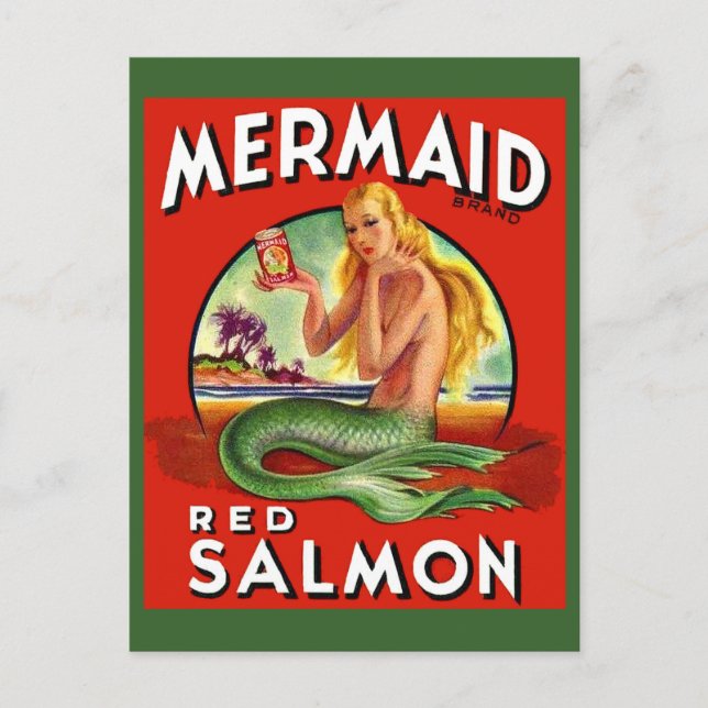 1940s Mermaid Salmon can label print Postcard (Front)