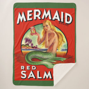1940s Mermaid Salmon can label print Sherpa Blanket