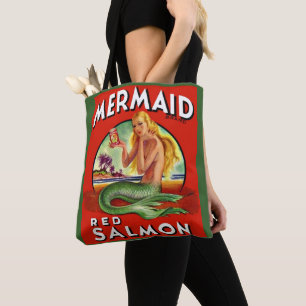1940s Mermaid Salmon can label print Tote Bag