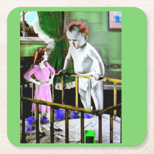 1940s mother and her giant baby square paper coaster