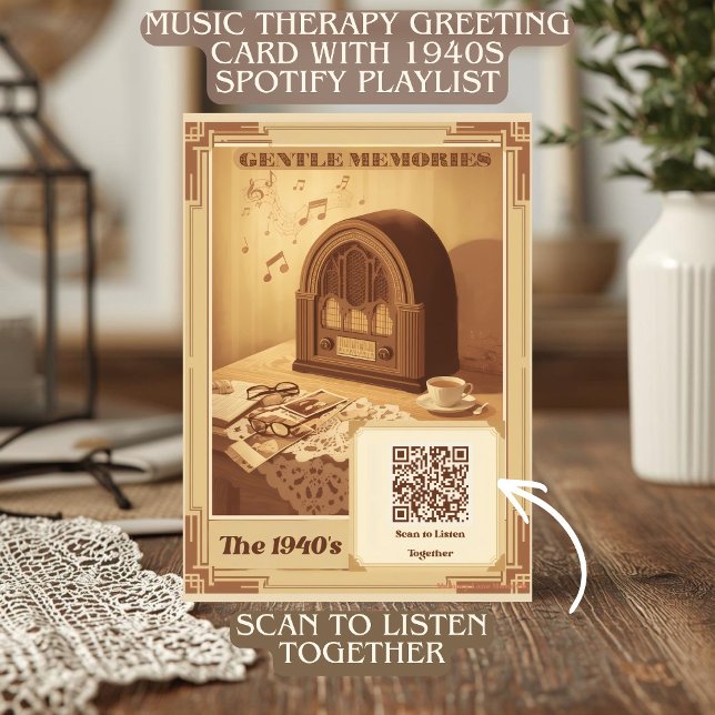 1940s Music Therapy QR Code with 1940s Hits Holiday Card (Vintage 1940s radio illustration on a greeting card with a QR code for a classic music playlist.)