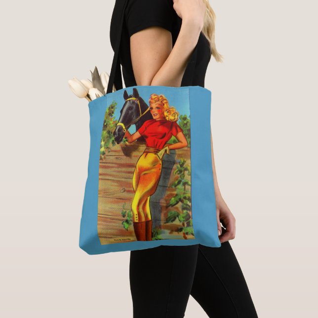1940s pin-up gal and horse print tote bag (Close Up)
