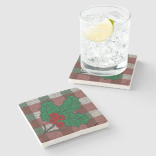 1940s Xmas Gingham Marble Stone Coaster