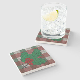 1940s Xmas Gingham Marble Stone Coaster