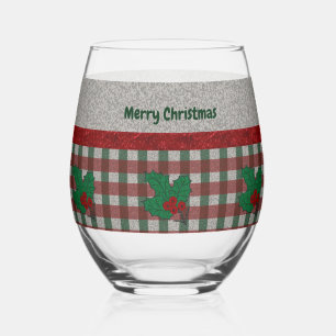 1940s Xmas Gingham - Personalised Stemless Wine Glass