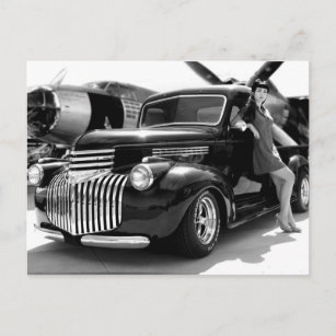 1941 Chevy Hot Rod Pickup Truck Pin Up Girl Postcard