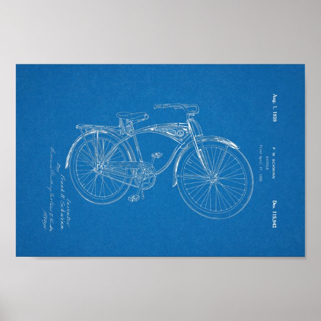 1942 Vintage Schwinn Bicycle Patent Blueprint Art Poster (Front)