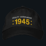 1945 or Any Year 70th Birthday A5 BLACK and GOLD Embroidered Hat<br><div class="desc">1945 or Any Year 70th Birthday A5 BLACK and GOLD Born in 1945 or Any Year 70th Birthday A04 GRAY Hat WHITE Embroidery with STARS - Quality Workmanship Fun birthday hat that you can personalise with a sentiment, name, and year. All text is totally customisable, so also suitable for a...</div>
