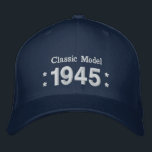 1945 or Any Year 70th Birthday A6P NAVY BLUE Embroidered Hat<br><div class="desc">1945 or Any Year 70th Birthday A6P NAVY BLUE and WHITE Embroidery with STARS - Classic Model. Fun birthday hat that you can personalise with a sentiment, name, and year. All text is totally customisable, so also suitable for a 71st 72nd 73rd 74th 75th 76th 77th 78th 79th birthday, or...</div>